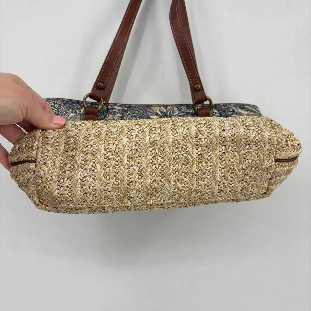 Sakroots Ellis Straw Satchel Shoulder Bag Blue Floral Boho Leather Trim Handbag - Picture 8 of 11